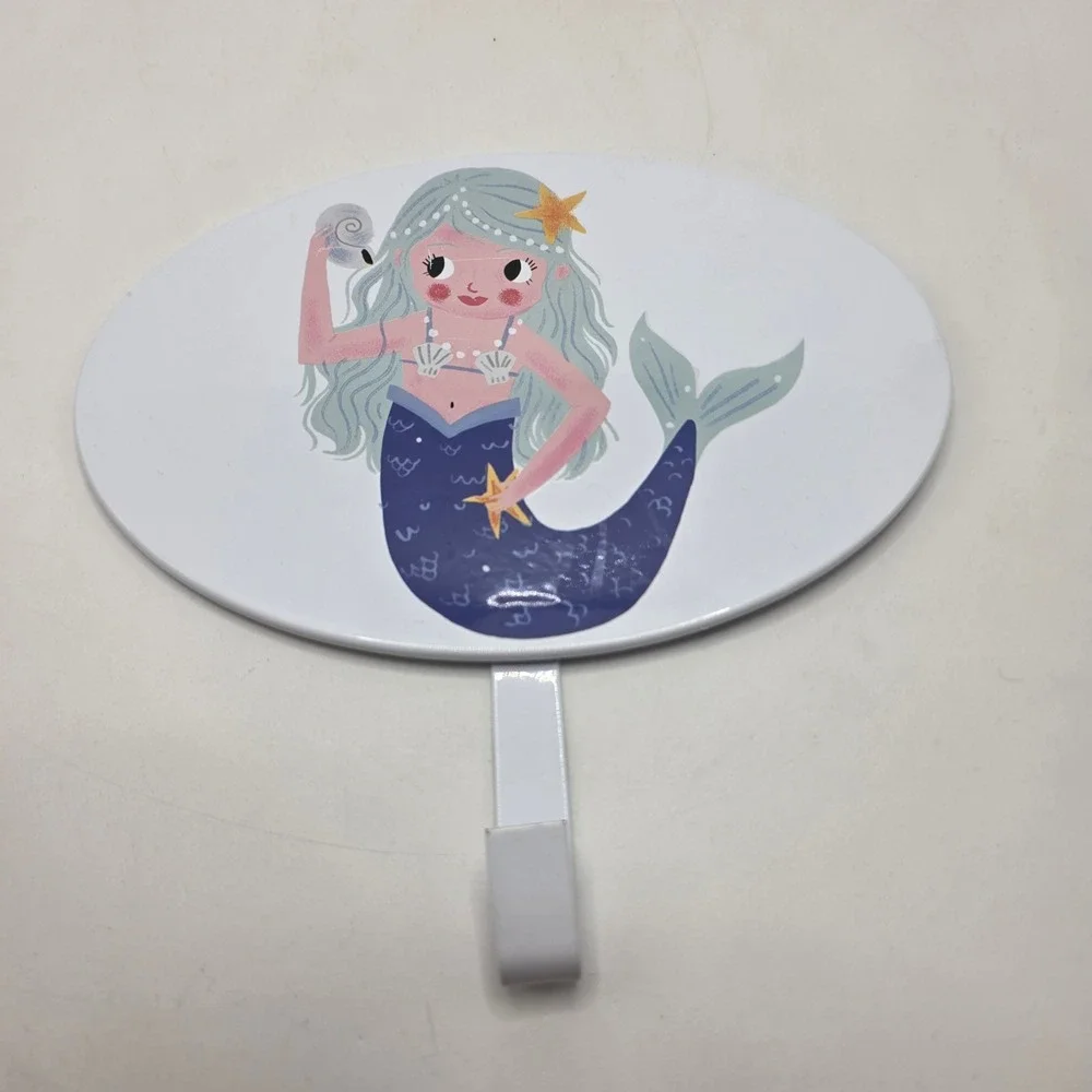 Mermaid Wall Hook Metal Oval Plaque Ocean Nursery Decor Blue Hair Enamel